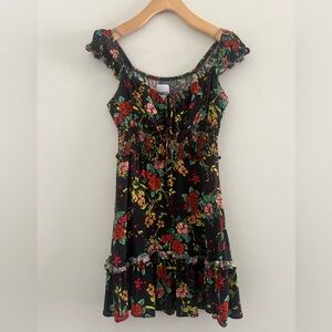 Y2K Boho Babydoll Cap Sleeve Black & Rainbow Floral Peasant Top Zip Side Sz XS